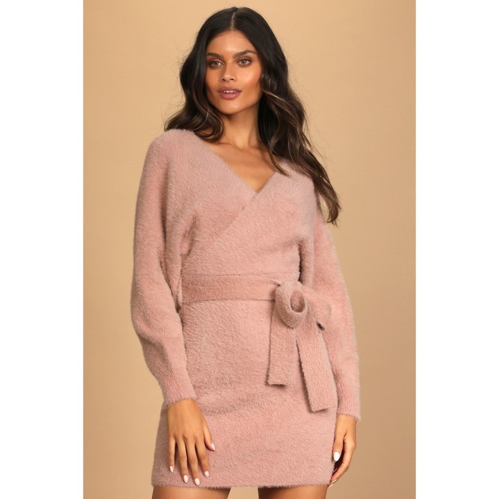 Lulus Warm Memories Blush Pink Eyelash Knit Sweater Mini Dress - Size M
